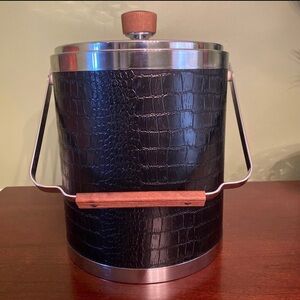 Vintage Kromex Black Patent Leather and Chrome Retro Classic Ice Bucket